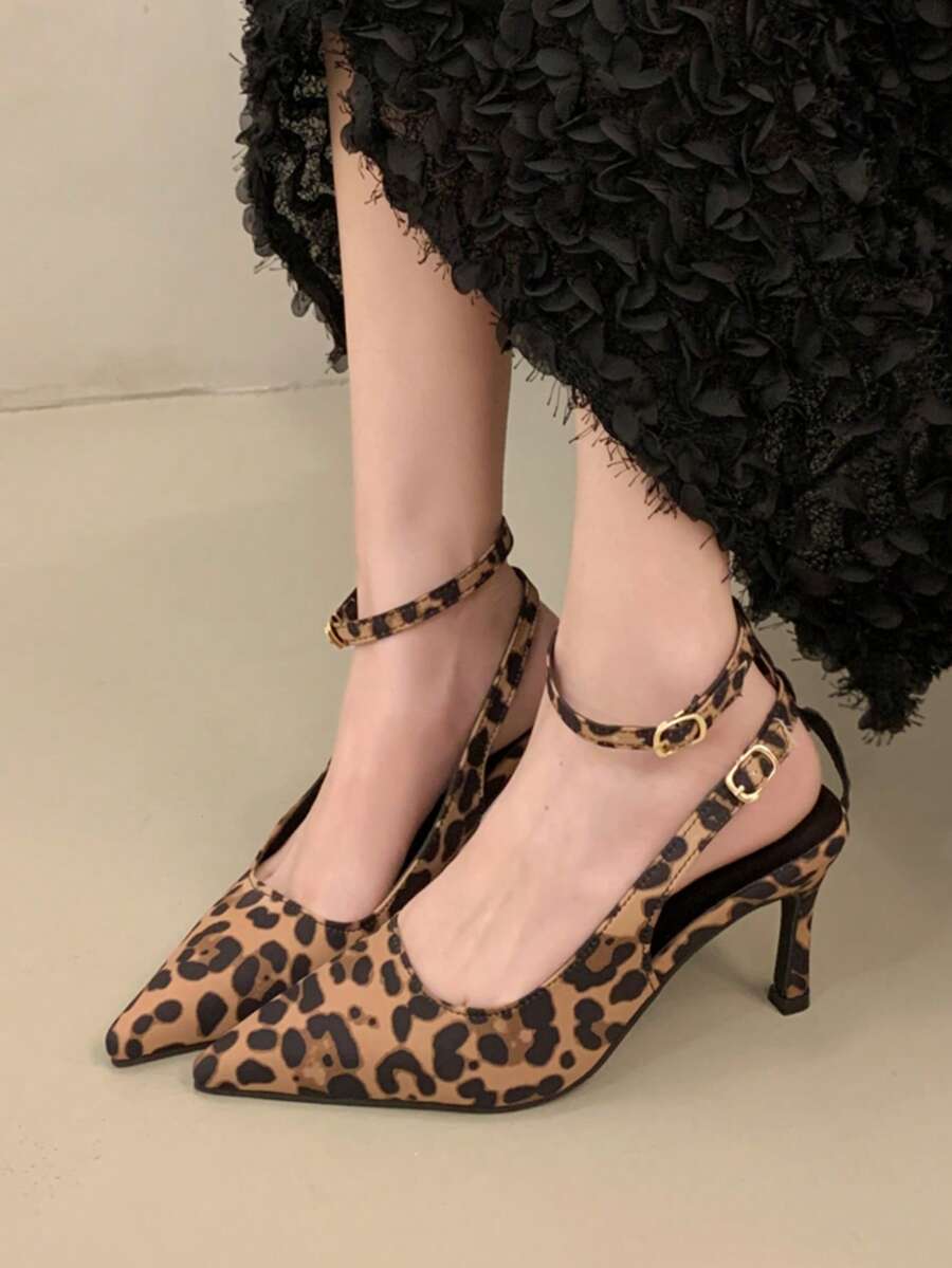 Women's Fashion Sexy Pointed Toe Leopard Print Stiletto Heels, Low Vamp Versatile Strap Sandals, Spring/Summer 2026 New Arrival - Brown - View 1