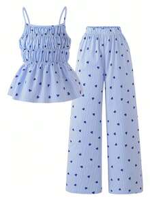2pcs/Set Big Girls' Fashion Casual Vacation Style Handcraft Heart Striped Print Camisole Top And Loose Wide Leg Pants Set, Summer - Blue - View 1