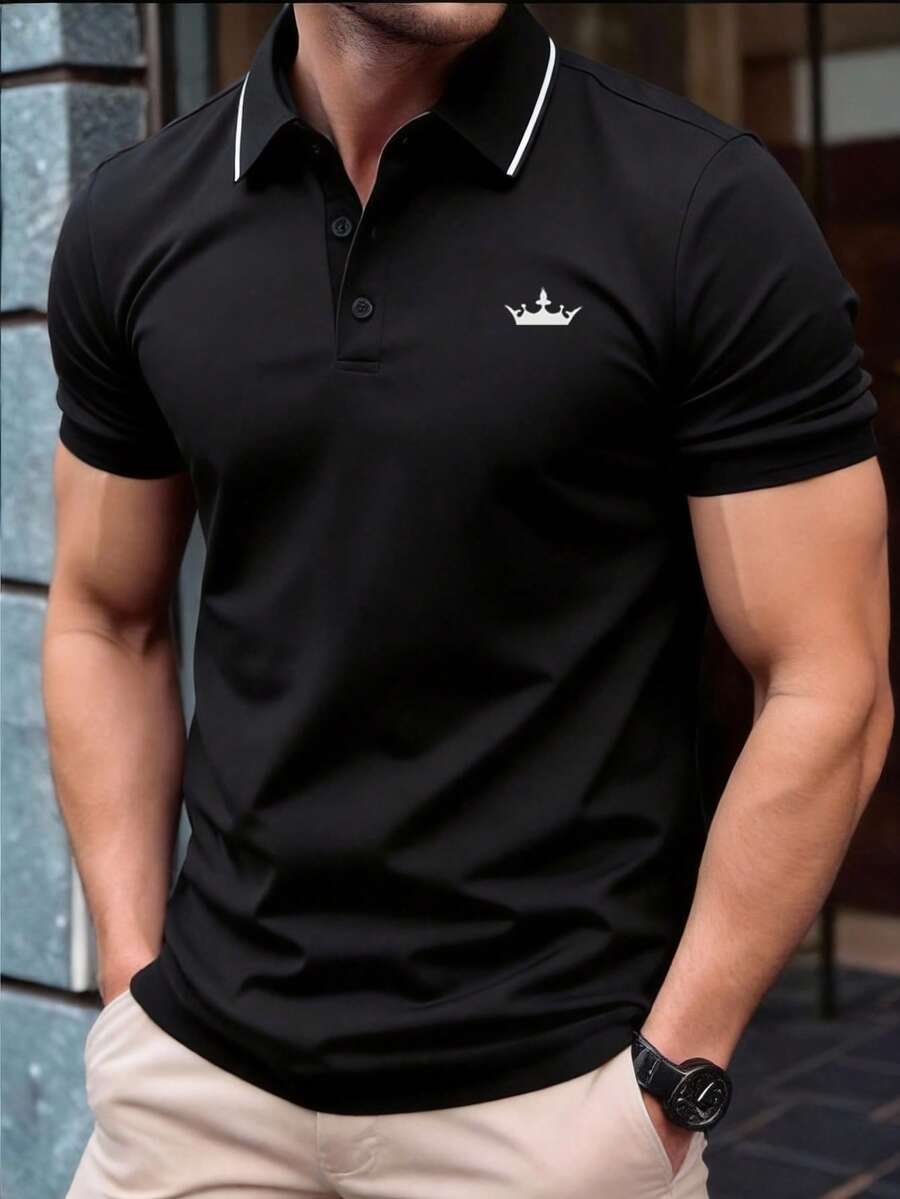 Men's Lightweight Casual Business Commute Polo Shirt, Fashion Minimalist Collared Top For Summer Black - Black - View 1