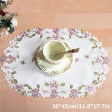 4pcs Floral Embroidered Placemats, Polyester Fiber Rectangle & Oval Shape Handmade Cutout Heat Insulation Placemats, Suitable For Dining Table, Coffee Table, Everyday Home Use And Wedding Party Holidays - Pink - View 7