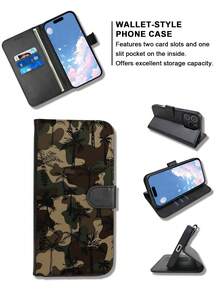 1PC Premium Durable Flip Wallet Phone Case With Army Green Camouflage Palm Tree Print, Outdoor Casual Style For Men And Women, Fashionable Protective Cover Compatible With IPhone 17/16/15/14/13/12/X/PLUS/PRO/PROMAX, Featuring Foldable Stand And Credit Card Slots, Waterproof, Shockproof, Drop-Resistant, Scratch-Proof, Full Coverage Protection. - 黑色 - 查看 4