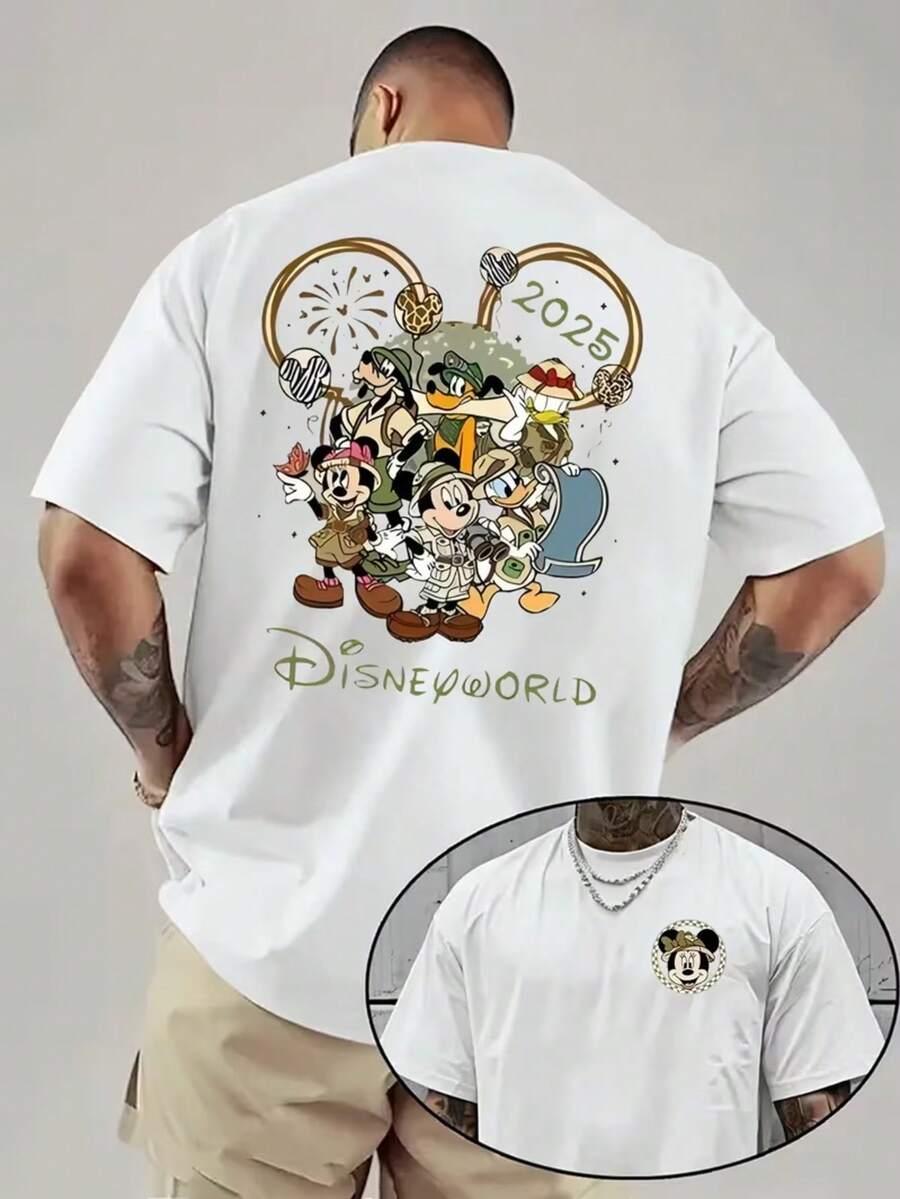 1 Piece, New Disney Men's T-Shirt, Mickey Defends The Cartoon Before And After Printing, Round Neck Casual And Comfortable T-Shirt, Suitable For Sports And Daily Wear, A Good Choice For Gifts, A Must For Parties. - 白色 - 查看 1