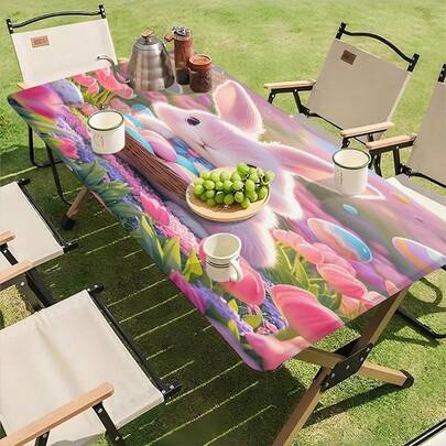 1 件装防水户外桌布，带弹性包边 - 非常适合露营、野餐和花园派对 - 涤纶材质，粉色线条兔子印花图案，适合节日派对、户外装饰、节日装饰、复活节装饰