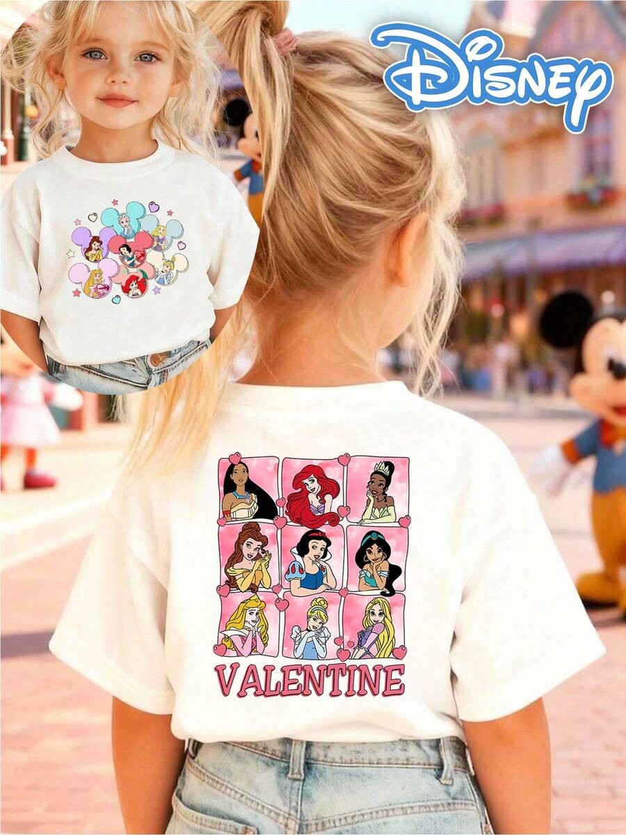 [Disney Authorized] Front: Disney Princess Collage With Balloons And Star Elements Back: 9 Disney Princesses (Moana, Ariel, Tiana, Belle, Snow White, Jasmine, Aurora, Rapunzel) With Pink Heart Border And Text "VALENTINE" Double-Sided Print Pattern Girls' T-Shirt - Children's Clothing Design Short-Sleeve Casual Cute Style Comfortable And Relaxed Suitable For Boys And Girls, Perfect For Parties And Play Machine Washable Gift Children's Clothing Girls' Short-Sleeve Shirt - 白色 - 查看 1
