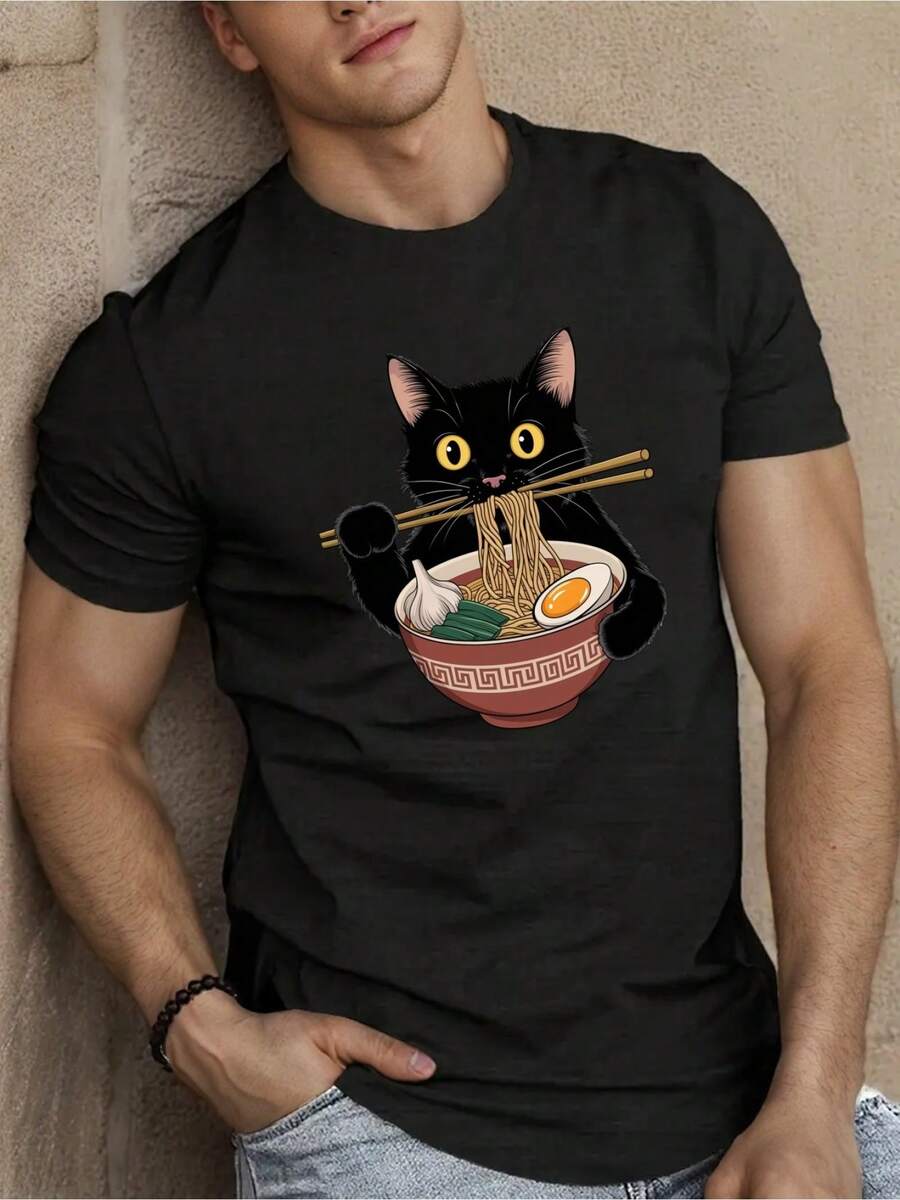 Black Cat With Ramen Men Short Sleeve T-Shirt Summer T-Shirt Top - Black 1 - View 1