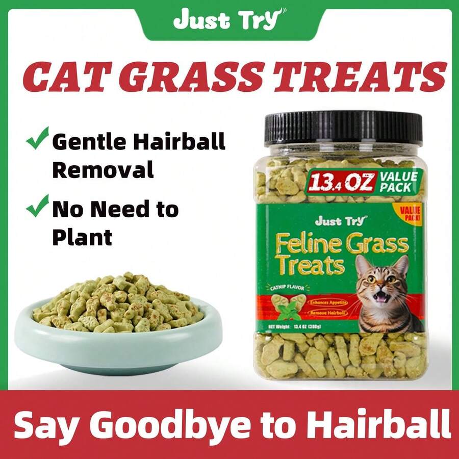 JUST TRY 13.4 OZ Cat Grass Treats Natural Salmon Flavor Healthy Cat Snacks Training Biscuits Catnip For Cats Dental And Hairball Control Treats Remedy Chews - 解決毛球症的方法 - 查看 1