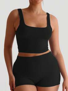 XLLAIS Stretch Micro Ribbed Tank Top 2025 Slim Fit Casual Holiday Wide Strap U Neck White Top For Women Four Seasons Wear Black - Black - View 2