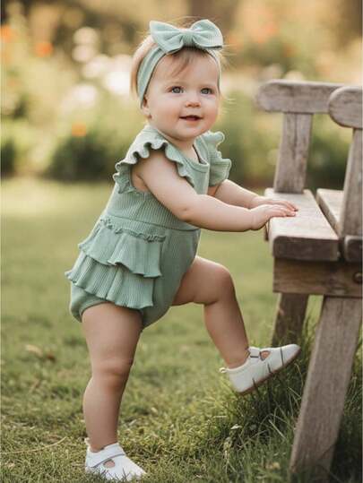 Conjunto de 2 piezas de mono de burbujas para niña, color liso, mangas voladoras, cuello redondo y diadema con lazo