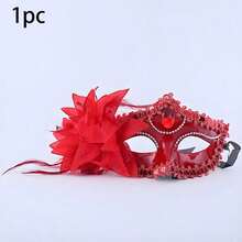 1pc Feather Sequin Masquerade Mask, Party/Halloween Costume Mask (Half Face), High-Saturation Colors + 3D Feather Decorations, Strong Visual Impact, Versatile Style, Suitable For Retro, Glamorous, Holiday And Other Themes. - Đỏ - Xem 2