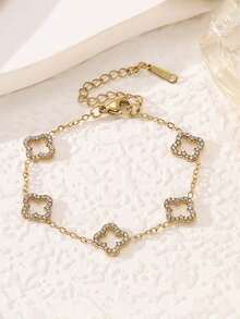 2026新款不锈钢闪光四叶花水钻女士手链套装，时尚防水防褪色，圣诞节和情人节送给母亲和女儿的礼物 - 金色1 - 查看 14