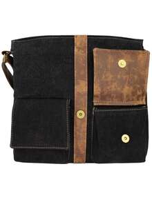 Vintage Style Messenger Bag, Canvas Crossbody Bag, University Style - 黑色 - 查看 4