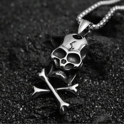 Collar con colgante de calavera y huesos cruzados, estilo gótico punk para hombres