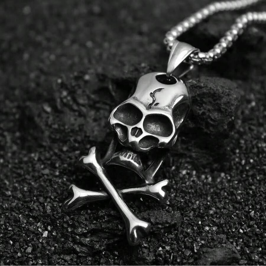 男士哥特朋克风骷髅头和交叉骨吊坠项链 - 銀色 - 查看 1