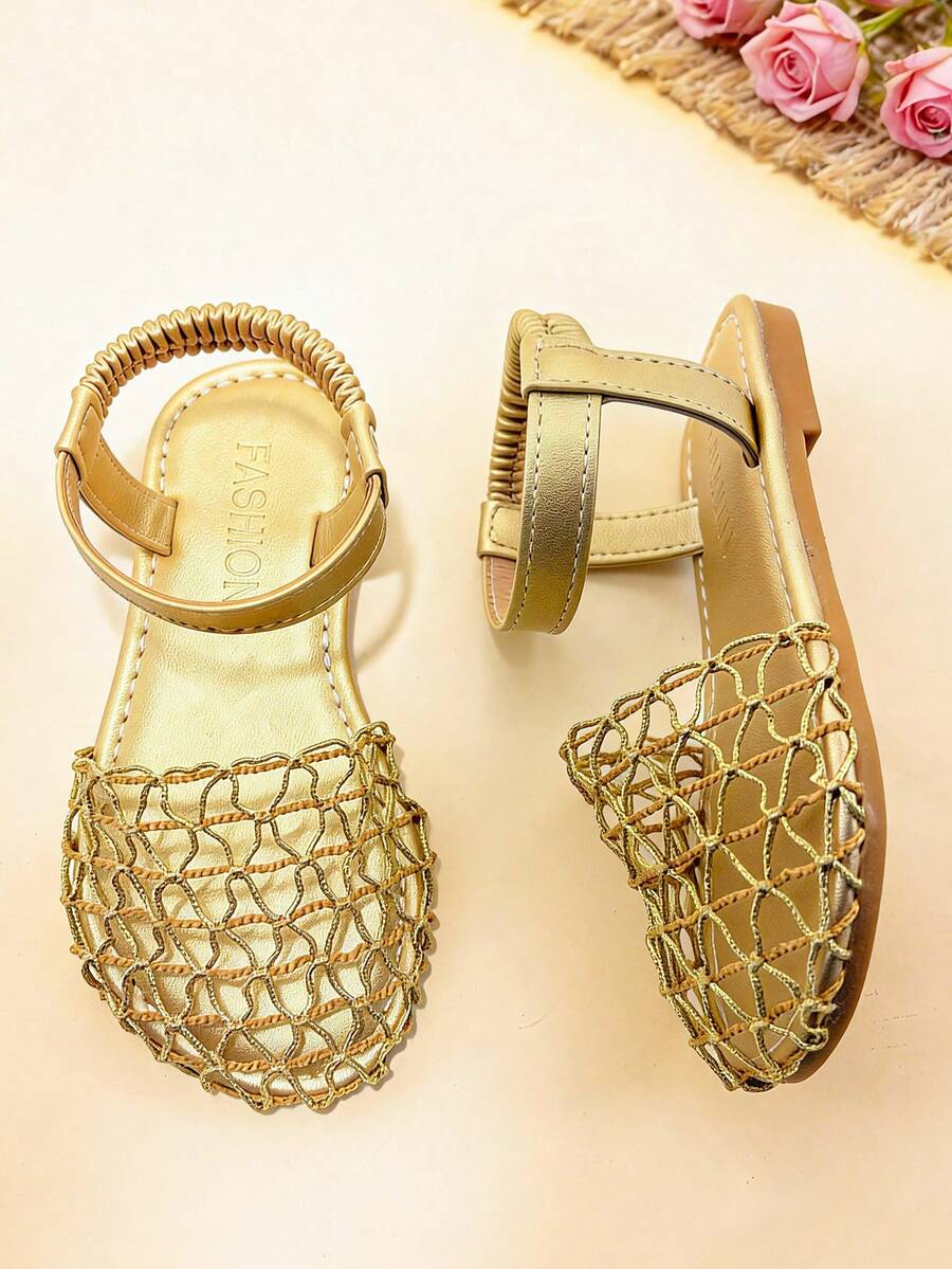 1 đôi sandal cho bé gái, chất liệu lưới dệt màu vàng, kiểu dáng bohemian, thích hợp cho các bữa tiệc mùa hè, đi biển và mặc hàng ngày. - Vàng - Xem 1