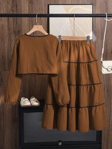 Left Mama Conjunto de blusa de manga larga y falda con decoración de lazo elegante y minimalista para niñas, para primavera/otoño - Marrón - Ver 2