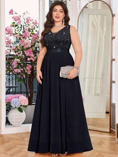 Vestido maxi formal de fiesta con cuello en V profundo, lentejuelas, encaje floral y gasa sin mangas, color negro, talla grande