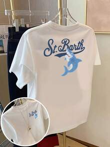 Short Sleeve-Shirt - St. Bart, Shark - Women's Spring Summer Printed-Shirt, Your Best Choice! - Suitable Daily Wear, Vacation, Party - 白色 - 查看 6
