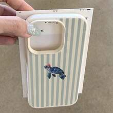 1pc TPU Material Blue Striped Floral Sea Turtle Pattern Phone Case Compatible With Apple 17 Pro Max/17/16 Pro Max/15/13/12/11, S20 FE/A15/S24/A55, Redmi Note 11/Note 12/Note 13 Pro, Full Coverage Anti-Drop Soft Protective Phone Cover - White - View 3