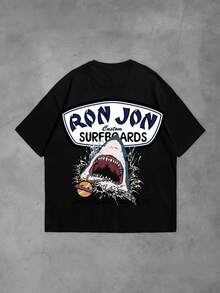 1pcs Womens Crew Neck T Shirt Vintage Surf Style Ron Jonn Shark Graphic Print Short Sleeve Summer Breathable Cotton Tee Double Side Print For Family Gatherings Summer Trips And Festive Occasions - Black - View 3