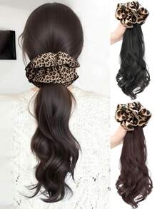 合成纤维马尾假发，复古豹纹发圈发夹，卷曲马尾 - 彩色 - 查看 1