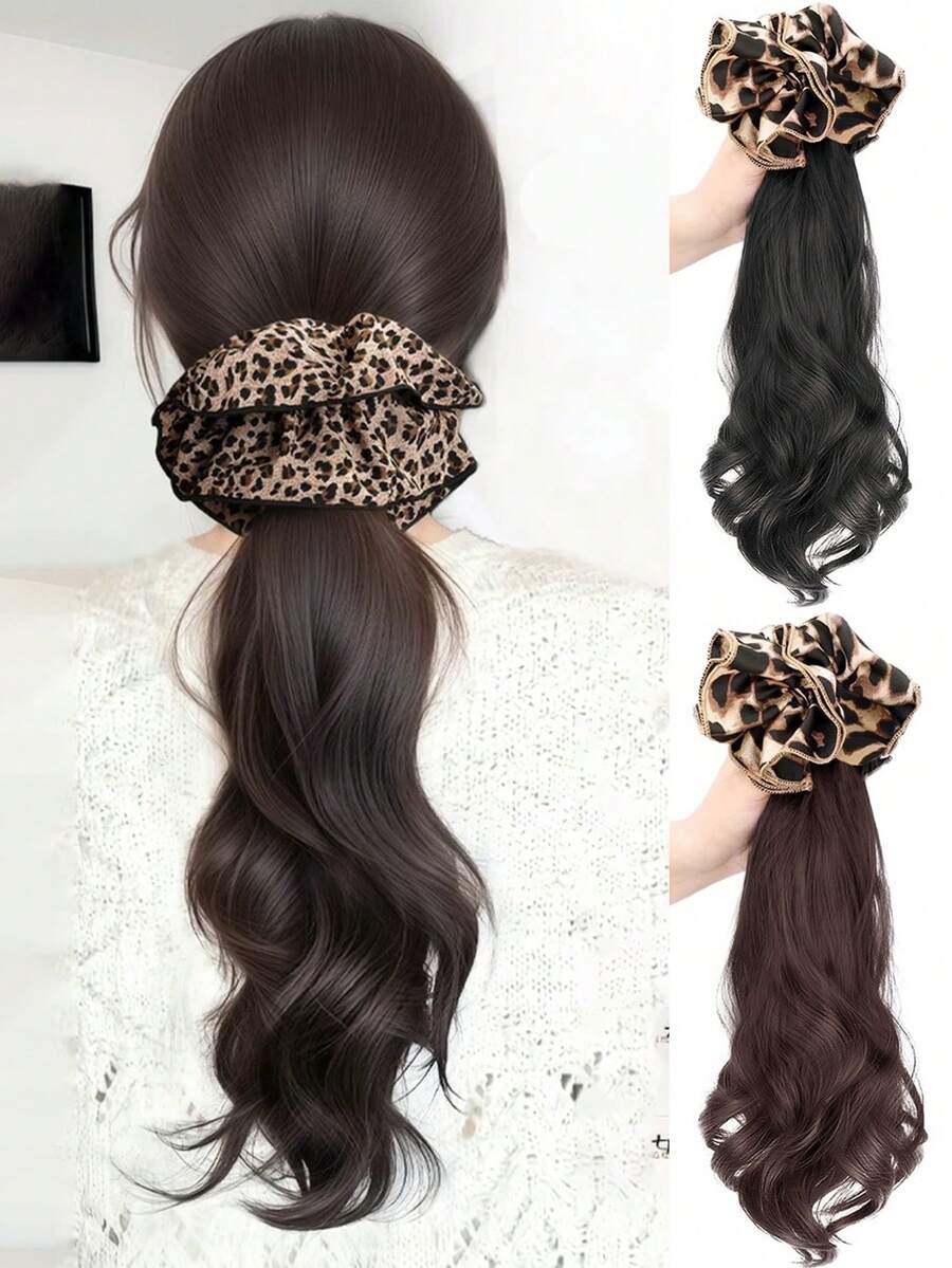 合成纤维马尾假发，复古豹纹发圈发夹，卷曲马尾 - 彩色 - 查看 1