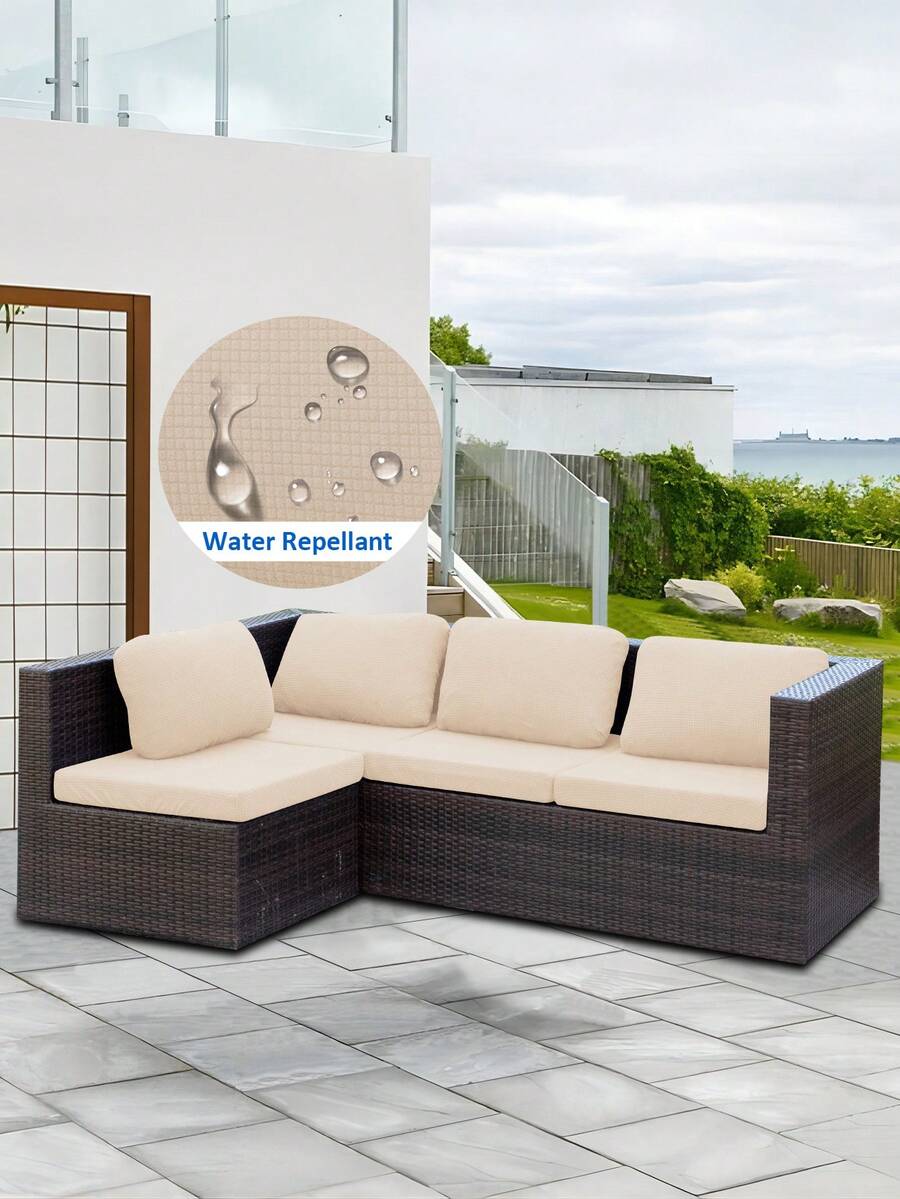 1pc Corn Kernel Jacquard Outdoor Sofa Seat Cushion Cover, Water-Resistant, Solid Color Polyester Elastic Removable Half-Wrapped Sofa Seat Cushion Cover, For Patio, Terrace, Garden Sofa - Beige - View 1