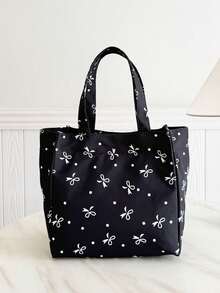Portable Insulated Lunch Bag; Thickened Cute Lunch Fruit Bag For Students; Pink Asymmetrical Bowknot & Heart Print - Black - View 9