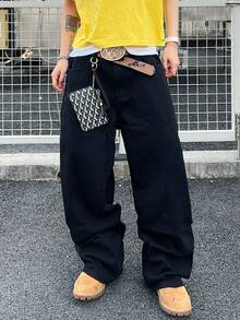 Infinite Jeans 1pc American Street Style Embroidered Men's Loose Fit Wide Leg Jeans, Comfortable Versatile Long Pants For All Seasons (Product Does Not Include Belt And Accessories) - Black - View 4