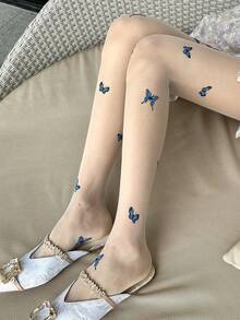 1双浪漫蓝色蝴蝶图案女士连裤袜 - 性感透明尼龙丝袜，给人纯洁迷人的感觉，适合约会和外出穿着 - 彩色 - 查看 6