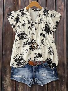 花卉印花荷叶边钥匙孔领口衬衫 - 香檳色 - 查看 1