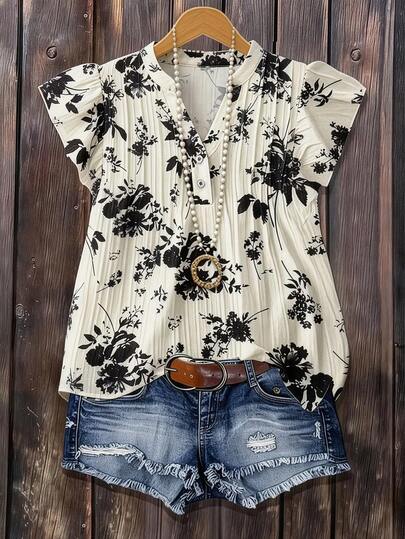 Floral Print Ruffle Trim Keyhole Neck Blouse