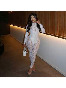 2026 Autumn New Sexy Lace See-Through Tight Long-Sleeved Zipper Jumpsuit - 白色 - 查看 4