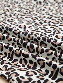 豹纹条纹荷叶边V领短袖上衣 - 黑色 - 查看 6