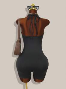女士黑色无袖吊带连体裤，修身休闲运动连体裤，夏季服装，女士连体裤 - 黑色 - 查看 2