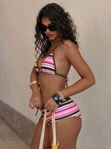 女士复古黄色波点印花比基尼套装，复古撞色泳装，适合外出、生日派对、休闲穿着，Y2K风格，2000年代风格，优雅，老钱风格，街头风，度假，夏季沙滩装 - 多色1 - 查看 4