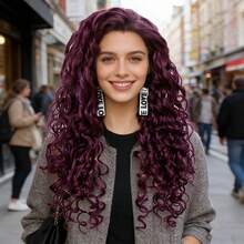 长卷曲灰金色渐变铂金色、蜂蜜金色渐变紫色耐热合成蕾丝前假发，蓬松波浪，无胶自然发际线，适合女性日常、派对、角色扮演，柔软蓬松，逼真长卷发，13*1.5自由分缝高清蕾丝假发，高密度 - 彩色 - 查看 3