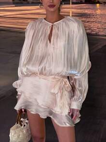 Millennium Style Tie-Up Ruffle Collar Double-Layer Flounce Lantern Sleeve Shirt Dress, Does Not Include Belt, Ladies' Gothic Sexy Halloween Clothing - Apricot - View 3