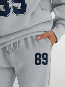 Speed mate 2026 Spring Women's Sportswear Set - Oversized Logo Crew Neck Sweatshirt And Small Logo Sweatpants, 2-Piece Casual Loungewear - Light Grey - View 4