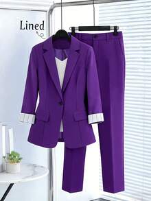 Women's Spring & Autumn Casual Commuter High-Quality Striped Contrast Color Splice Cuffed 3/4 Sleeve Blazer And Straight Leg Pants Suit - Purple - View 1