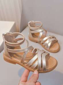 1 đôi sandal cao cổ đế bằng kiểu công chúa dễ thương cho bé gái, chống mài mòn và chống trượt, sandal La Mã hở mũi thời trang cho mùa hè - Vàng - Xem 11