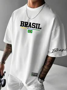 Men's Premium Cotton T-Shirt, Adult Plus Size, Kids Streetwear, Oversized, Printed Brazil Flag, Country Style, Swag, World Cup, Soccer, Casual Style - trắng - Xem 1