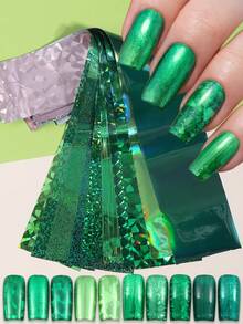 10片全息绿色美甲箔贴纸，金属绿色闪光亮片不对称薄片几何星空纸质DIY美甲贴膜装饰美甲用品 - 彩色 - 查看 2