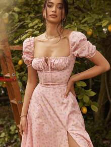 Elegant Women's Party Dress With Floral Print. - 粉色 - 查看 2