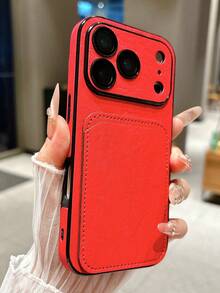 奢华皱纹图案仿皮手机壳，兼容 16/15/14/13 Pro Max/17 Pro Max/14/15/16 Plus/11，带名片夹，防震保护套 - 紅色 - 查看 2