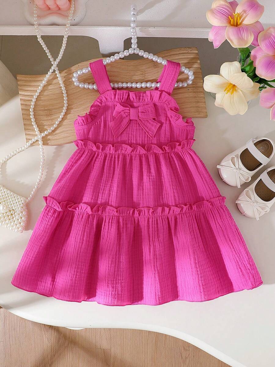 Baby Girl Spaghetti Strap Ruffle Bow A-Line Cake Dress, Suitable For Everyday Outings In Spring/Summer
