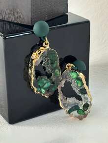 优雅绿色树脂镂空吊坠耳环，搭配925纯银耳针 - 时尚百搭的女士配饰，金色点缀，树形树脂材质，镂空设计，可定制 - 款式1 - 查看 1