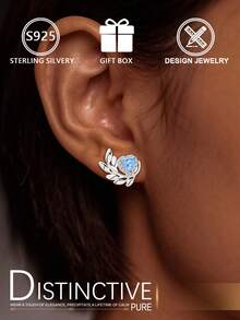 Boucles d'oreilles à tige en feuille de diamant bleu en argent sterling S925, boucles d'oreilles créoles florales en zircone cubique, style élégant et polyvalent pour le travail, cadeau pour petite amie/anniversaire, boîte cadeau - Argent - Voir 8