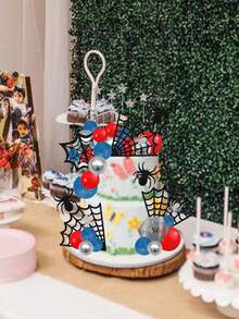 适合 1-9 岁儿童的蜘蛛生日蛋糕装饰，蜘蛛网主题生日快乐蛋糕装饰，生日派对浴室装饰用品 - 彩色 - 查看 9