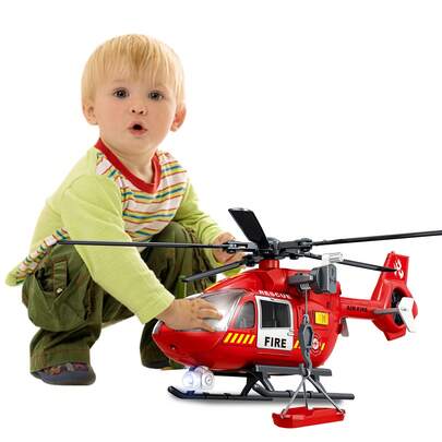 3-7 Years Old Boys' Toy, 15 Inch Firefighter Rescue Helicopter Toy With Lights, Sounds And Hanging Tray, Toddler Gift
