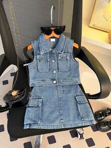 3件套女童夏季时尚优雅街头风蓝色领衬衫、配套蓝色半裙和蓝色渔夫帽套装，适合街头、拍照和上学穿着。 - 淺色水洗藍 - 查看 1